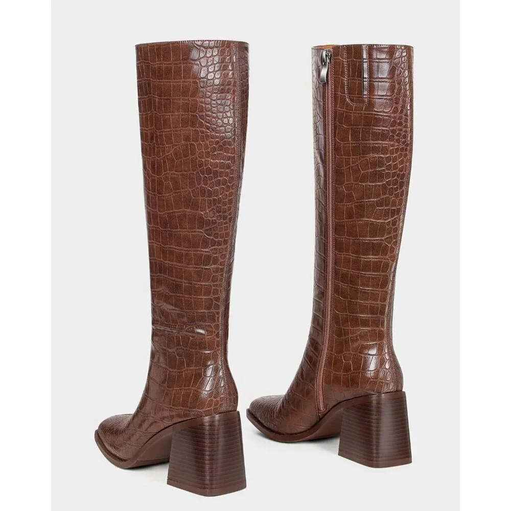 Women Crocodile Brown Polyurethane Knee High Square Toe Block Heel Tall Boots